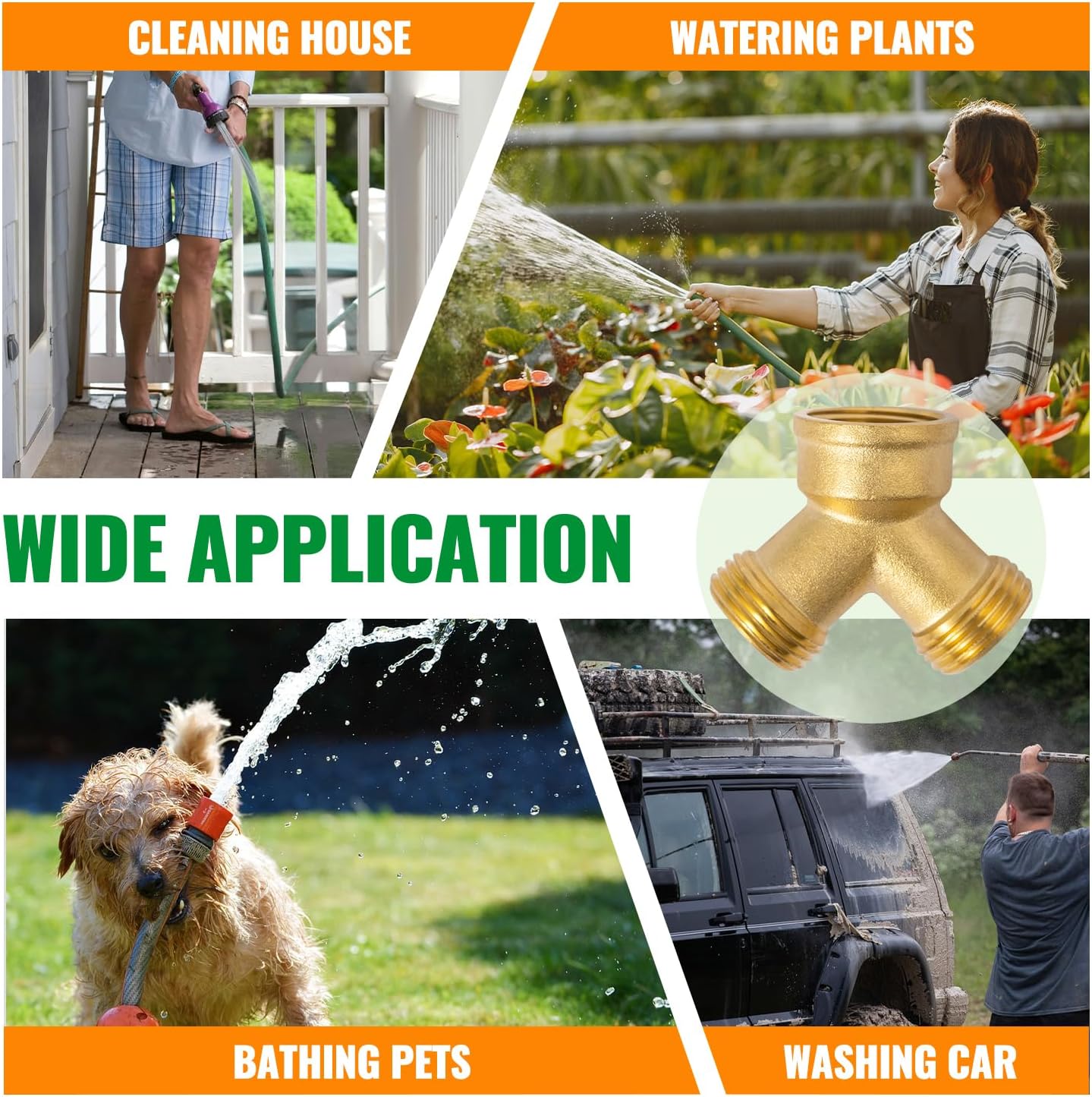 SUNGATOR 3/4 Inch GHT Y Valve, 2 Way Heavy Duty Brass Garden Hose Splitter, 3/4'' GHT Garden Hose Bib Splitters, Brass Y Valves with Extra 8 Rubber Washers, 1 Sealing Tape (4-Pack)