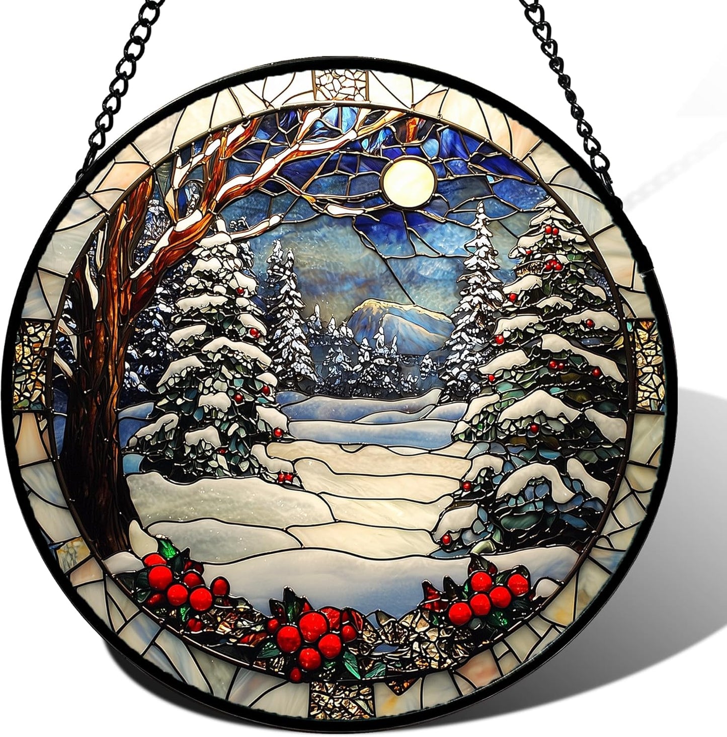 Stained Glass Window Hanging Christmas Tree Winter Snow Night Scenery Large 14.9" - Suncatcher Door Garden Kitchen Sun Catcher Home Decor Birthday for Mom Men Woman Friend