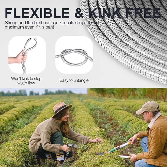SPECILITE 25ft 304 Stainless Steel Garden Hose Metal, Heavy Duty Water Pipe with Nozzles for Yard, Outdoor - Flexible, Never Kink & Tangle, Puncture Resistant (Sliver)