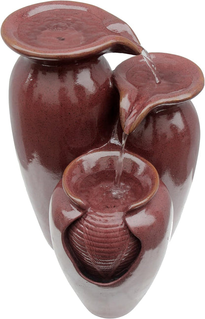 Teamson Home Jar 3 Tiered Floor Waterfall Fountain with Pump for Outdoor Patio Garden Backyard Decking, 20 Inch Height, Brown