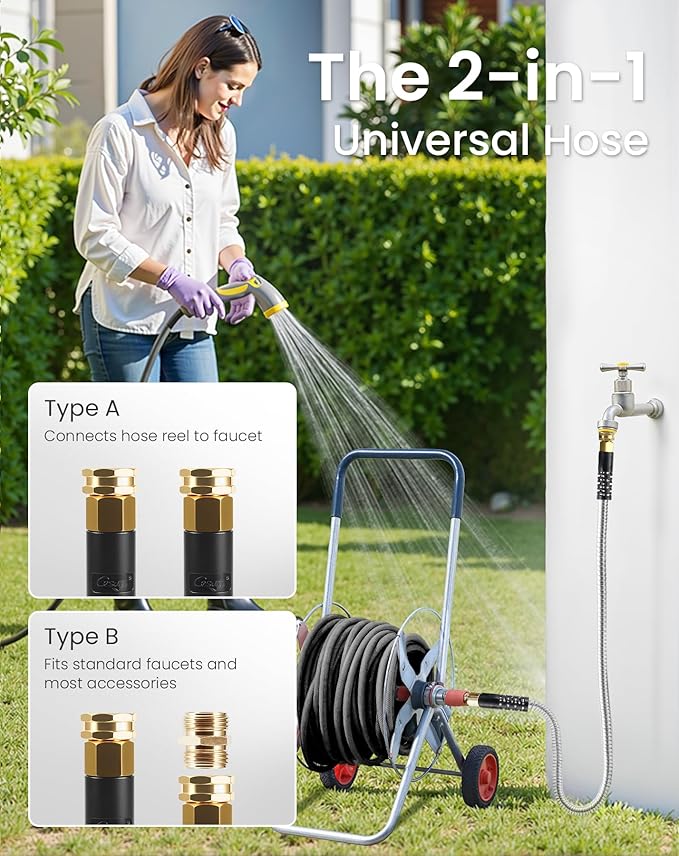 Cesun Short Garden Hose 3 feet, Small Metal Leader Hose, Drinking Water Hose, Flexible, Lightweight Stainless Steel Water Pipe for RV, Outdoor, Yard, 3ft x 5/8", Female to Female