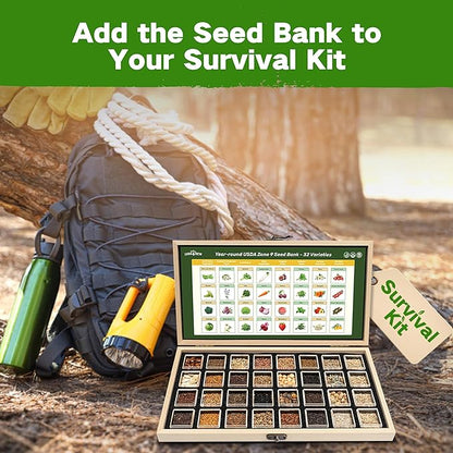 Lush&Dew Year-Round USDA Zone 9 Seed Bank, Gift for Mom Dad, 32 Varieties Non-GMO Heirloom Seeds of Vegetables, Herbs Gardening Gifts for Women Men, Survival Kit for Raised Garden Bed, Greenhouse
