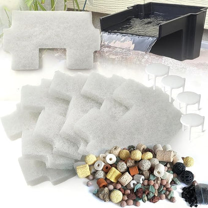 7PCS Pond Filter Media for Pond BOSS Waterfall Spillway, 6 Koi Pond Filter Pad Fine& 1 Pack Ceramic Rings, Reusable Ultra-Durable Fish Pond Filter Material (Spillway not Included