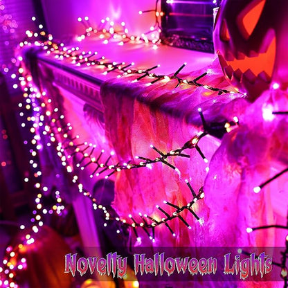 Brizled Outdoor Halloween Lights, 372 LED 17 Modes Orange & Purple Halloween Cluster Lights with Timer, 19.6FT Waterproof Spooky Light Plug in, Orange Purple Light Black Wire for Indoor Outdoor Decor