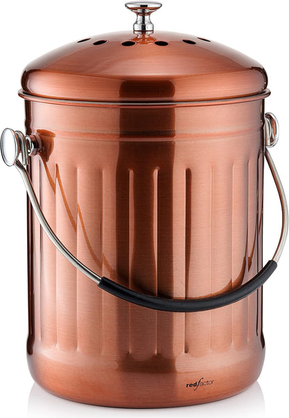 RED FACTOR Premium Compost Bin for Kitchen Countertop - Stainless Steel Food Waste Bucket with Innovative Dual Filter Technology - Includes Spare Filters (Matt Copper, 1.3 Gallon)