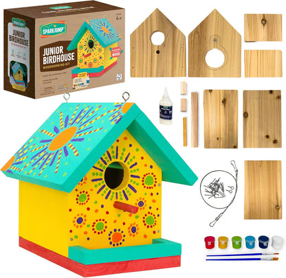 SparkJump Jr Bird House Kit, DIY Cedar Wood Birdhouse for Outdoors with Paint, Fun for Kids & Adults, Bird House Making Kit for All Ages (1-Pack)