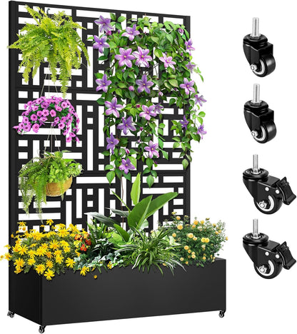 Metal Planter Box with Trellis, 72"x47"x16" Metal Raised Garden Bed with Trellis, Trellis Planter Box with Drainage Holes & Lockable Casters for Climbing Plants, Vegetables, and Vines