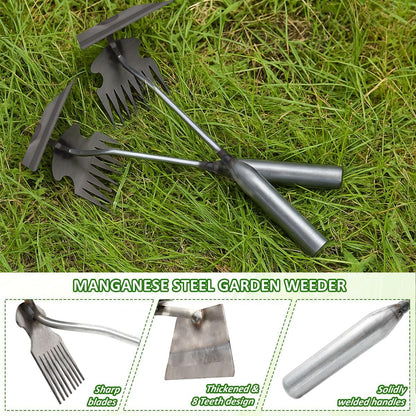 Dual-Head Weed Puller Tool, 2 Pack Heavy Duty Weeder Tool & Weed Remover, Garden Uprooting Tool with Hoe and Rake for Easy Weed Removal