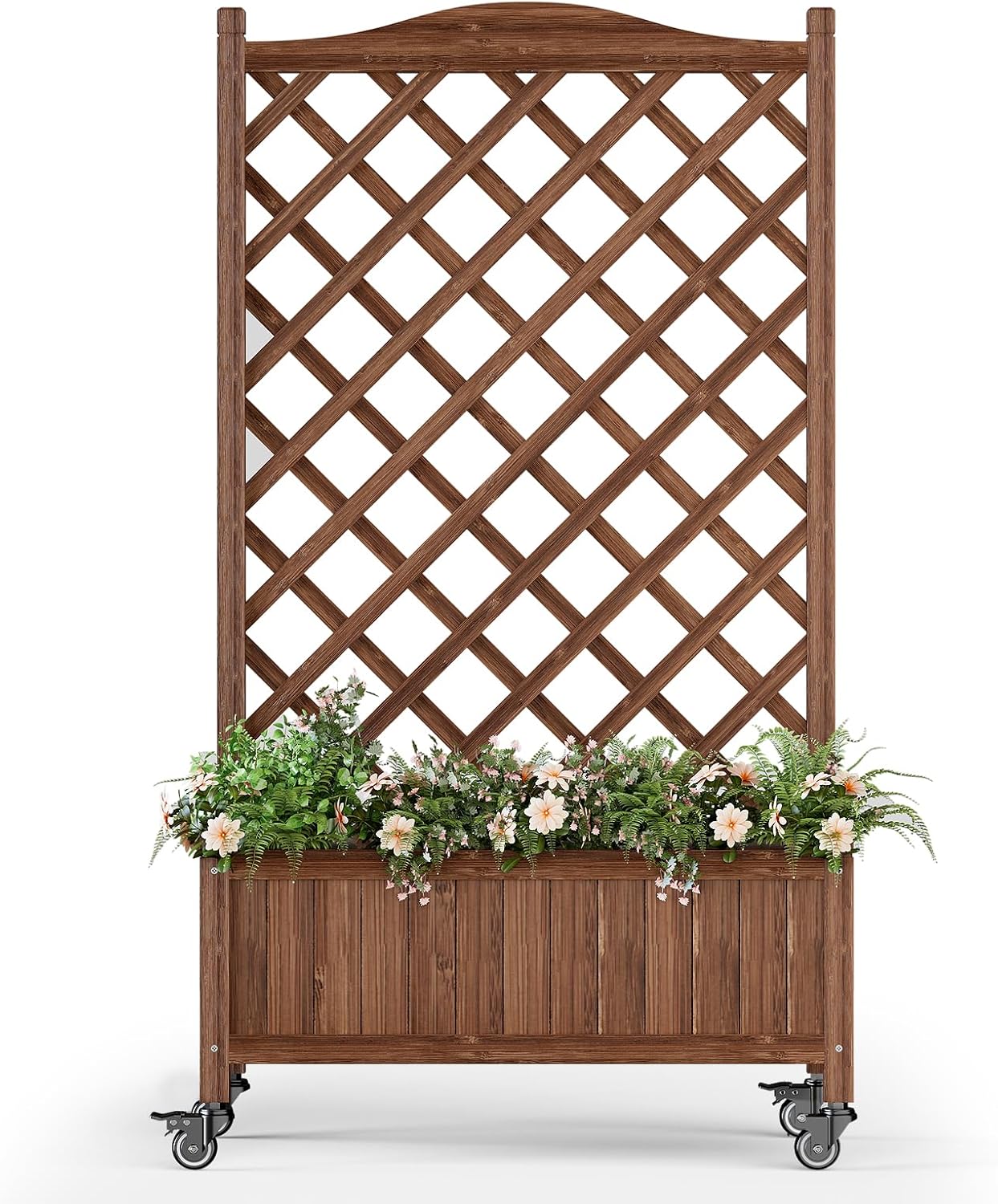 Upgraded 2-Pack 50" Tall Trellis Planter Box with Wheels, 49.8"H × 27.6"W × 13.0"D Solid Fir Wood Raised Garden Bed & Lattice Privacy Screen, Rolling Planter with Drainage for Patio/Garden
