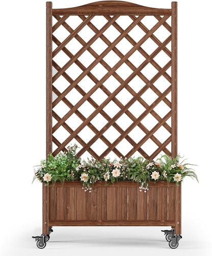 Upgraded 2-Pack 50" Tall Trellis Planter Box with Wheels, 49.8"H × 27.6"W × 13.0"D Solid Fir Wood Raised Garden Bed & Lattice Privacy Screen, Rolling Planter with Drainage for Patio/Garden