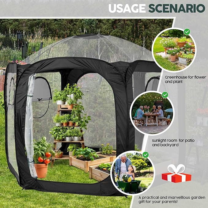 Porayhut Pop Up Greenhouse Tent,Portable Large Walk-in Plant House 10’X10’ ,Indoor Outdoor Gardening Plant Sunshine Room with PVC Mesh Cloth Cover for Protecting Plant from Cold Frost & Birds