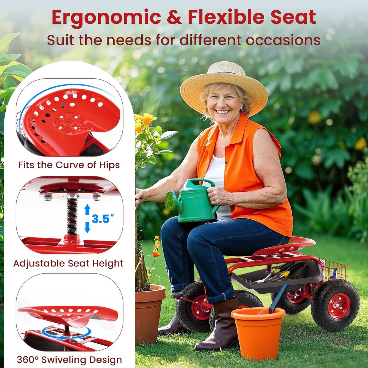 Giantex Garden Workseat, 360 Swivel Rolling Seat with Wheels, Tools Basket, Gardening Cart with Seat, Adjustable Height, Wagon Scooter for Patio Lawn Yard, Outdoor Steerable Stool (Red)
