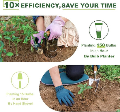 Haliaeetus Bulb Planter Tool, 4 inches Depth Mark Hand Bulb Planter, Non-Bending Stainless Steel Bulb Planter Digger, Garden Bulb Transplanter with Comfortable Wood Handle for Planting Tulip, Daffodil