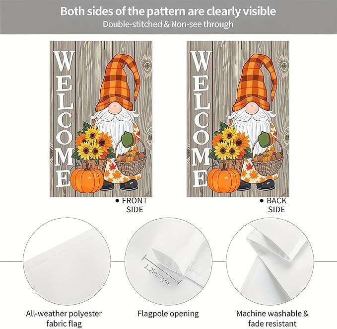 Thanksgiving Fall Garden Flag 12x18 Inch Welcome Gnome Flag Double Sided Autumn Yard Banner Sunflowers Pumpkins Acorn Basket for Porch Lawn Patio Seasonal Decor