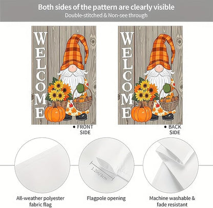 Thanksgiving Fall Garden Flag 12x18 Inch Welcome Gnome Flag Double Sided Autumn Yard Banner Sunflowers Pumpkins Acorn Basket for Porch Lawn Patio Seasonal Decor
