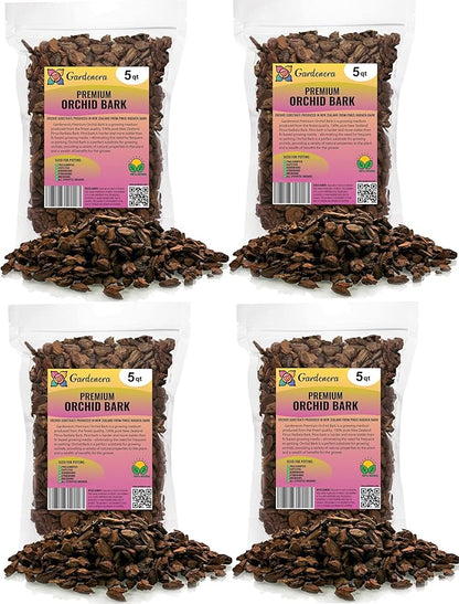 GARDENERA New Zealand Pinus Radiata Bark - 20 Quart - Organic Hand Mixed New Zealand Orchiata Pine Bark for Orchids - Medium Chips 9-12mm - (4 Bags of 5 Quart)