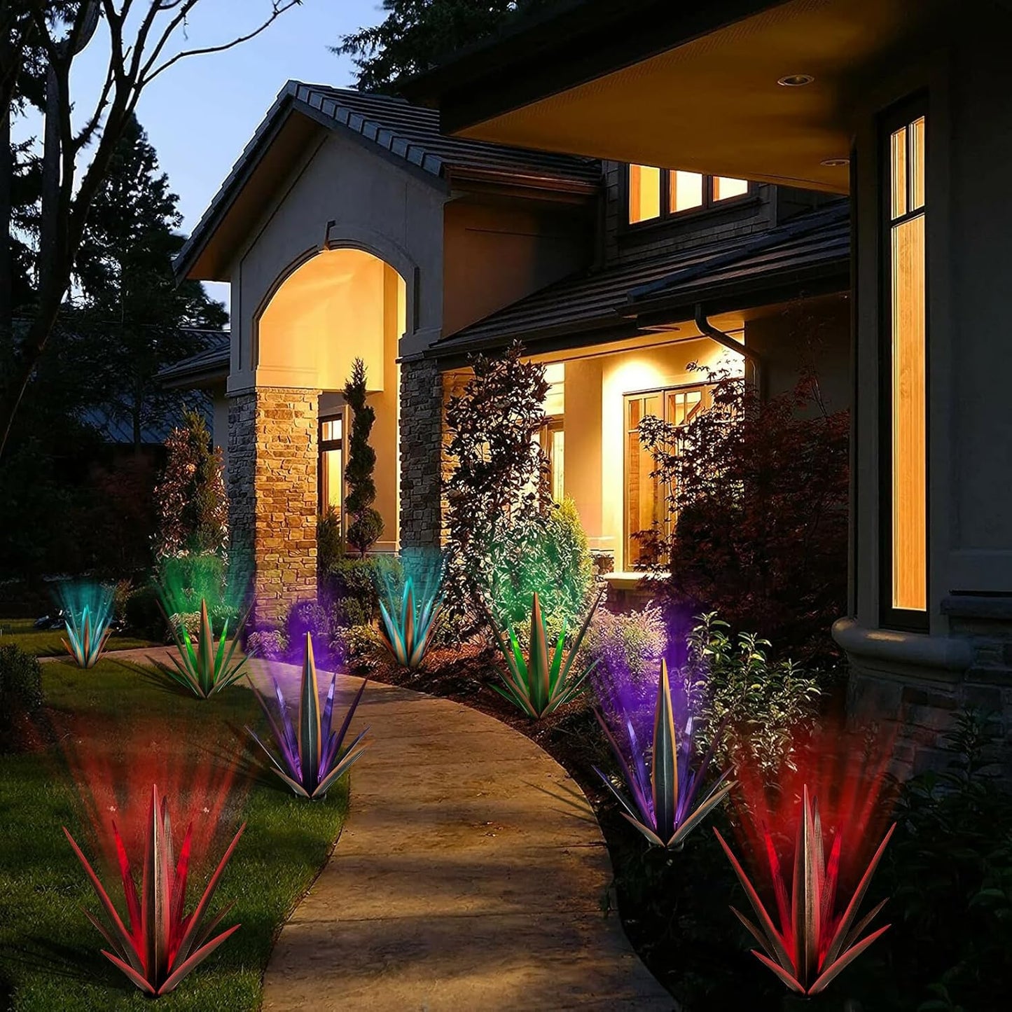 Large Tequila Rustic Sculpture, Rustic Metal Agave Plants for Outdoor Patio Yard, Home Decor Hand Painted Metal Agave Garden Yard Statue, Outdoor Lawn Ornaments (Blue - L (W/Solar Light))