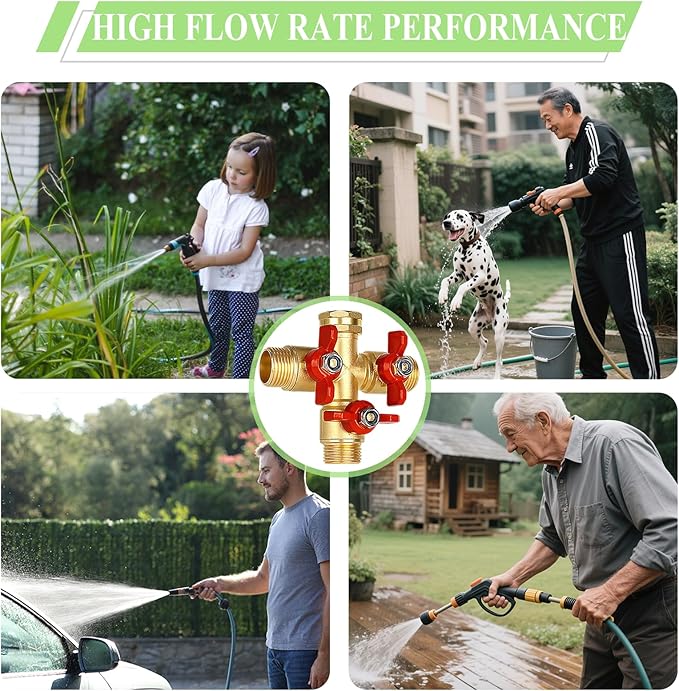 3 Way Garden Hose Splitter, Solid Brass High Flow Spigot Splitter with 3/4” GHT Thread, Individual Shut-Off Valves & Long Handle, Heavy Duty Hose Manifold for Outdoor Faucet
