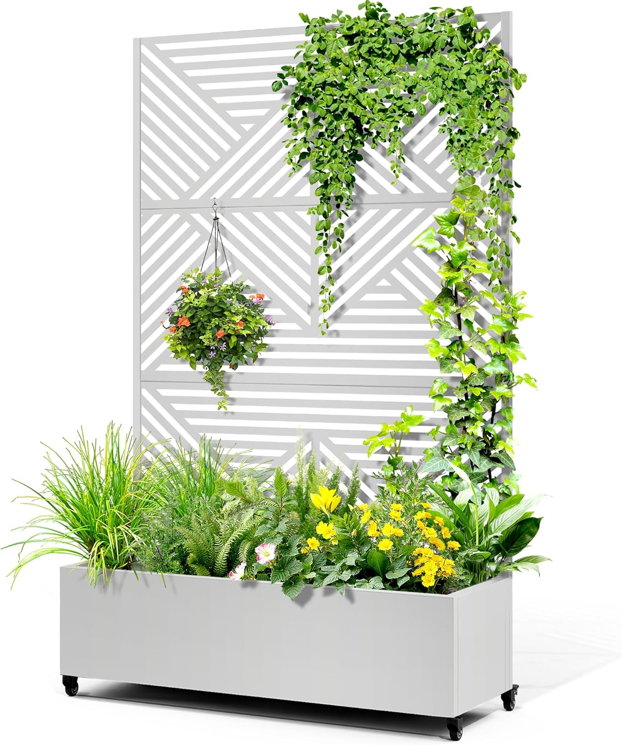 Metal Raised Garden Bed with Trellis, 2-in-1 Planter Box & Privacy Screen for Climbing Plants, Outdoor Standing Flower Bed with Drainage Holes, 47.2" L x 16.7" W x 70.8" H, White-Zodiac