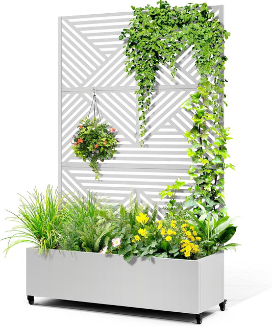 Metal Raised Garden Bed with Trellis, 2-in-1 Planter Box & Privacy Screen for Climbing Plants, Outdoor Standing Flower Bed with Drainage Holes, 47.2" L x 16.7" W x 70.8" H, White-Zodiac