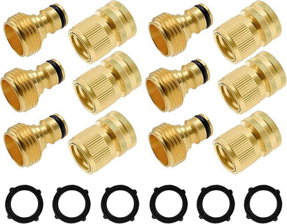 Hourleey Garden Hose Quick Connector, Solid Brass 3/4 Inch GHT Thread Garden Quick Connect Kit, Male and Female No-Leak Water Hose Fittings (6 Set)