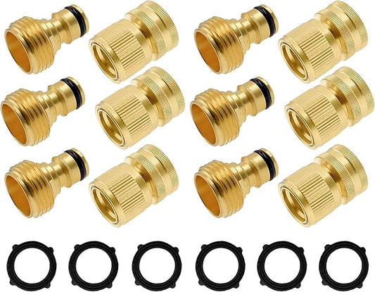 Hourleey Garden Hose Quick Connector, Solid Brass 3/4 Inch GHT Thread Garden Quick Connect Kit, Male and Female No-Leak Water Hose Fittings (6 Set)