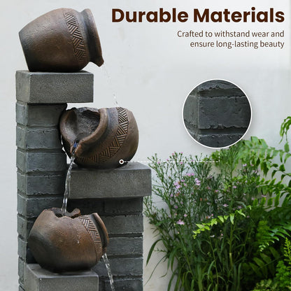 Water Fountain Outdoor 4-Tiers Cascading Realistic Bowls Waterfall Clay Pot Design Outdoor Fountain Resin Imitation Wood with LED Lights for Garden, Patio, Porch 42" H