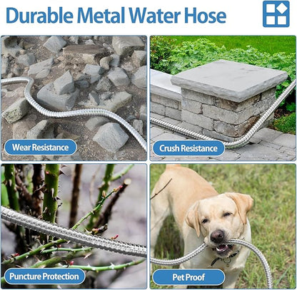 SPECILITE 150 FT Garden Hose, 304 Stainless Steel Metal Heavy Duty Flexible Water Pipe, Kink Free, Durable, Lightweight for Yard, Outdoor with Rubber Grip