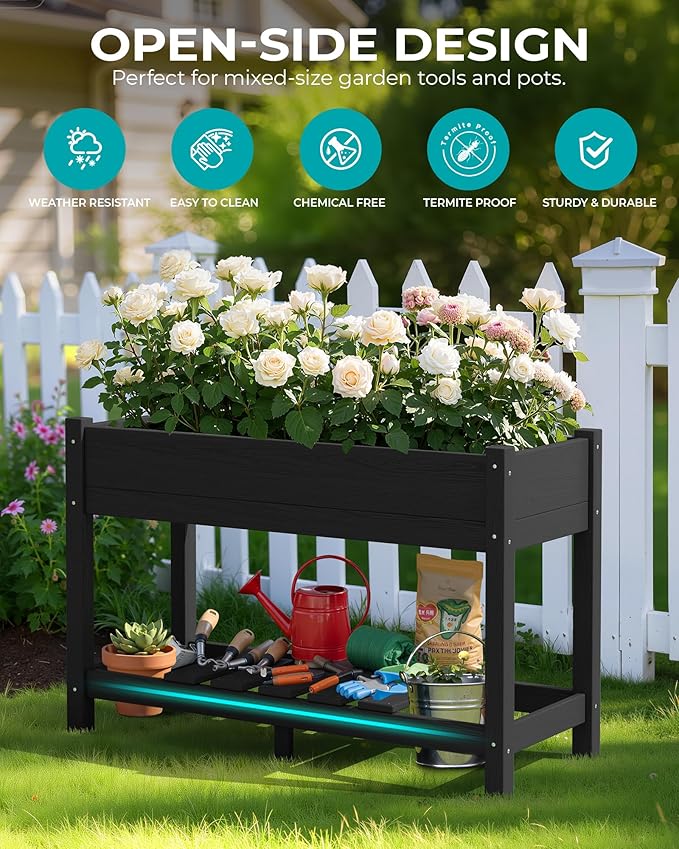 SERWALL Raised Garden Bed, HDPE Raised Bed for Gardening All Weather Use- Black