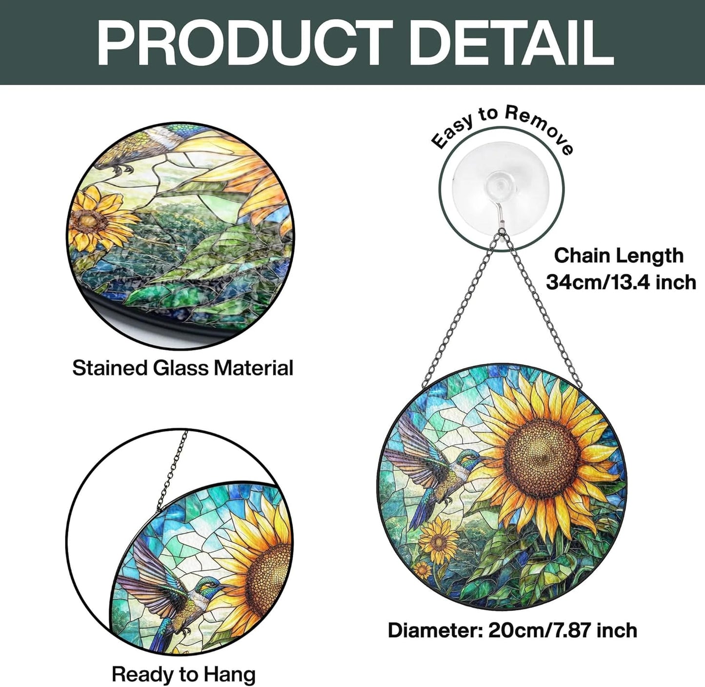 Hummingbird Stained Glass Suncatcher, Sunflower Window Hanging Stained Glass Suncatcher Hummingbird Window Hanging Garden Decor for Mom, Grandma, Birthday Gifts for Women Bird Lovers