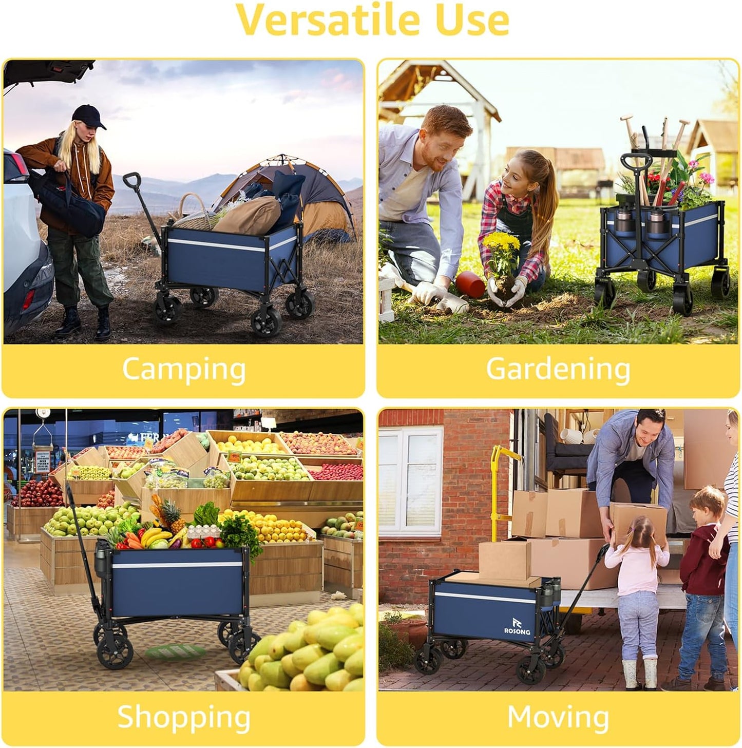 Navy Collapsible Wagon Cart with Wheels Foldable - Folding Utility Heavy Duty Wagons Carts for Grocery Sports Garden Shopping Camping