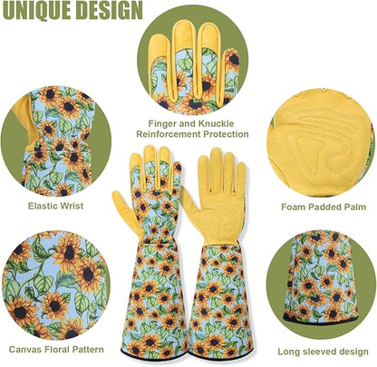 Long Gardening Gloves for Women Thorn Proof,Rose Pruning Cowhide Leather Garden Gloves for Cactus, Rose and Blackberry