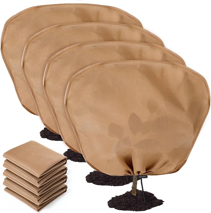 4 Pcs Winter Plant Covers Freeze Protection Reusable Plant Protector Bag with Drawstring Warm Shrubs Cover Frost Protection Planting Jacket Bags for Outdoor Garden, Brown (63 x 70.9 Inch)
