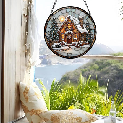 Stained Glass Window Hanging - Christmas Tree Cottage Sun Catcher for Door Garden Home Winter Decor Snowy Night Suncatcher Mother's Day Birthday Gifts for Women Men Mom Nana 6.3 in