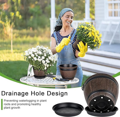 VECELO Plant Pots with Drainage Holes & Saucer, 7.6 Inch Flower Pots with Tray, 4 Pack Plastic Whiskey Barrel Planters for Indoor & Outdoor Garden Home Plants and Flowers
