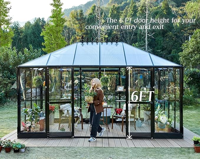 Jocisland 14x9.5x9 FT Outdoor Aluminum Greenhouse with Quick Connect Fittings, 6 FT Height Double Doors with Hook, Hybrid Polycarbonate Walk-in Greenhouse for Backyard, Black