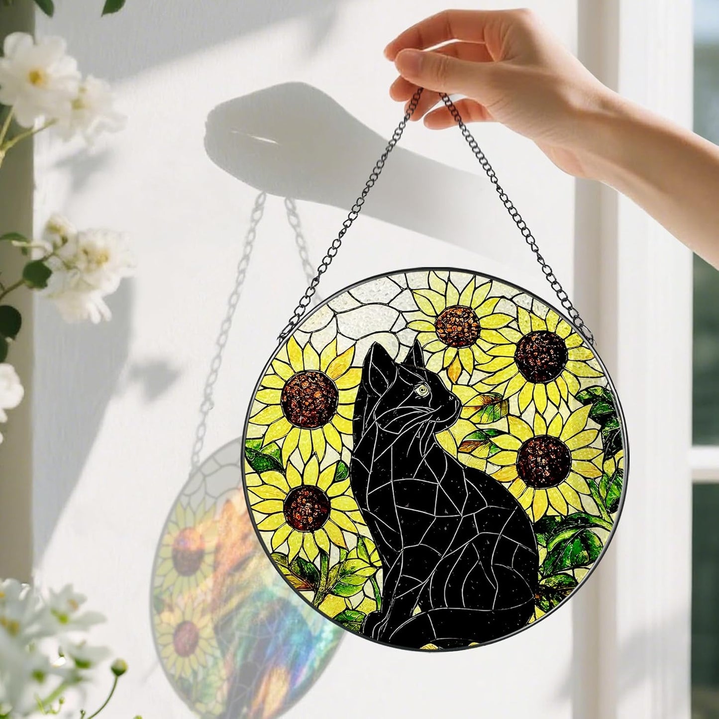 Stained Glass Window Hanging, Pauyadu 8 Inch Sunflower Black Cat Stained Glass Suncatcher, Cats Lover Gifts, Black Cat Memorial Ornament, Window Hanging Decor, Pet Gift, Gifts for Women, Mom