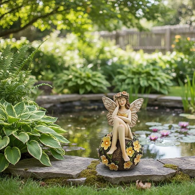 Solar Fairy Statue Sitting on The Flower Ball Light 6.8" Angel Statues for Garden Yard Patio Porch Lawn Decor Resin Fairy Figurine Outdoor Waterproof Angel Gifts for Women Mom Sister