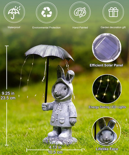 Solar Rabbit Garden Statue Outdoor Decor, Bunny Figurines Lights with Umbrella for Outside Yard Lawn Ornaments,Gifts for Mother's Day Birthday Easter Housewarming(Grey)