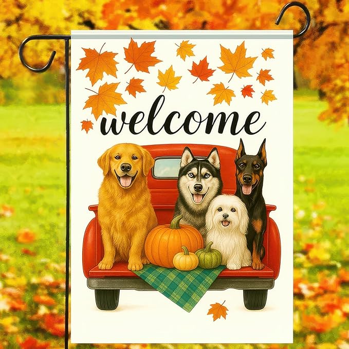 Welcome Fall Garden Flag 12x18 Inch Double Sided Red Truck with Dogs Yard Flags Autumn Pumpkin Leaf Outdoor Decoration Small Flag for Porch Lawn Pet Lovers