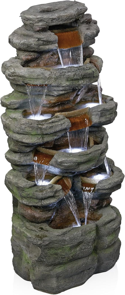 Alpine Corporation TZL352 Outdoor Floor Stone Tower Fountain with LED Lights, Multi-Level Garden Water Fountain, 47"H, Gray