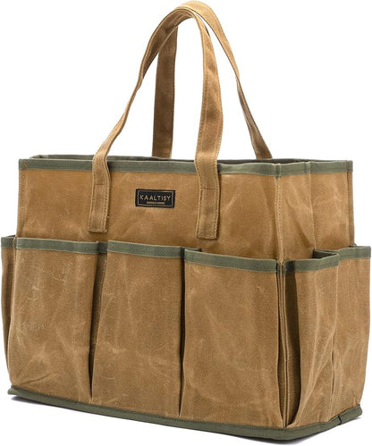 16OZ Waxed Canvas Tool Tote Bag | Large-Capacity Tool Storage Tote with 10 External Pockets | Multi-Purpose Garden Tool Carrier for Gardening, Wrench, and Carpentry Tools – Khaki