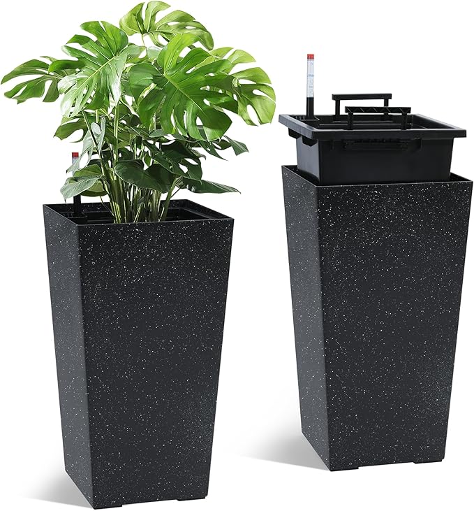GarveeLife 22.5" Tall Planters Set of 2, Outdoor&Indoor Black Planter Pots, High Front Porch Planter Pots With Drainage Holes&Water Level Monitor&Inner Bucket, Automatic Watering, Black and White Dots