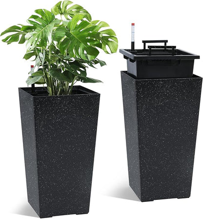 GarveeLife 22.5" Tall Planters Set of 2, Outdoor&Indoor Black Planter Pots, High Front Porch Planter Pots With Drainage Holes&Water Level Monitor&Inner Bucket, Automatic Watering, Black and White Dots