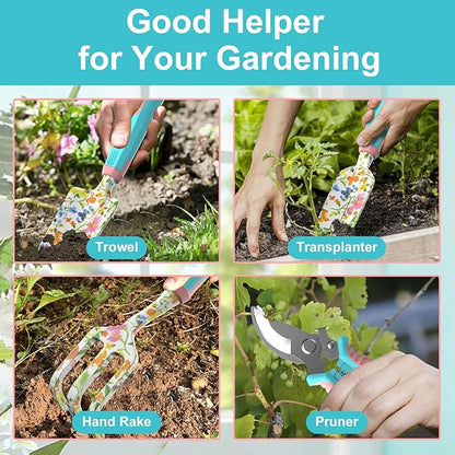 6 Pcs Garden Tool Set, Gardening Hand Tools Aluminum Alloy Starter Kit with Garden Bag, Heavy Duty Outdoor Tool Set with Ergonomic Handle, Gardening Gifts (Flower Pattern)