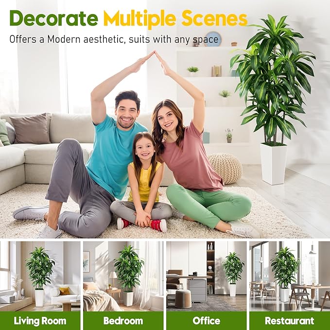 Artificial Dracaena Tree Indoor, 6FT Tall Fake Tree with White Tall Planter, Artificial Trees Fake Yucca Potted Tree for Home Office Living Room Decor，Tall Artificial Plant for Housewarming