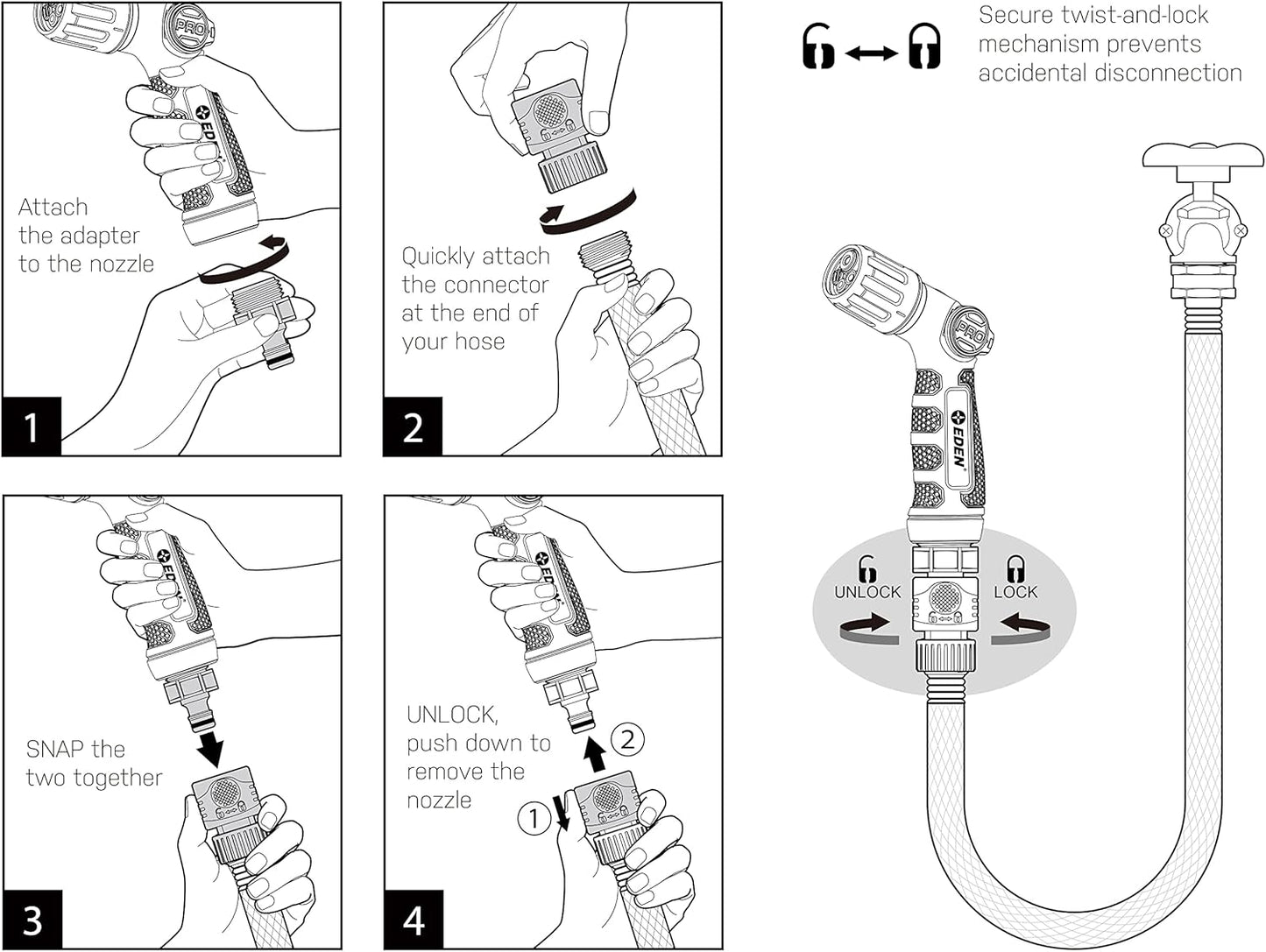 Eden 94827 Heavy Duty Metal Garden Hose Thumb-Control 4-Pattern Nozzle W/Quick Connector Set, High Pressure Garden Sprayer for Watering Gardens, Lawns, Plants