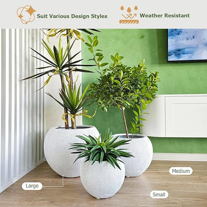 16"H x 20"D Globo Fiberstone Round Planter with Drainage Hole, Weather Resistant, Ribbed Finish, Planters for Indoor Plants & Outdoor, 2 Extra Coco Mats (Speckled White, 13.5" Pot Opening)