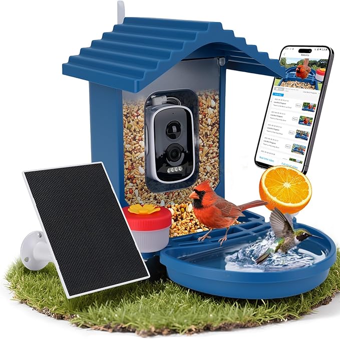 Bird Feeder with Camera Solar Powered, 2.5K HD Video Bird House Live View, Smart AI Bird Species Identification for Outside Garden,Birds Bath,Ideal Gift for Birds Lover (Blue)