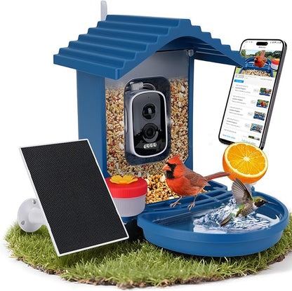 Bird Feeder with Camera Solar Powered, 2.5K HD Video Bird House Live View, Smart AI Bird Species Identification for Outside Garden,Birds Bath,Ideal Gift for Birds Lover (Blue)